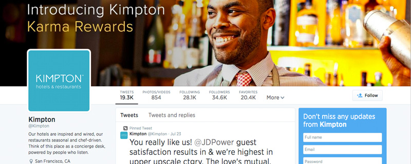 Kimpton Hotels and Restaurant uses Twitter as a social listening desk.