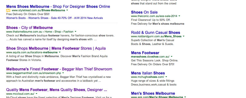 Google results for "men's shoes, Melbourne".