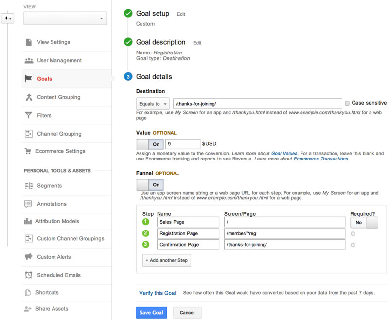 Setting up conversion goals in Google Analytics.