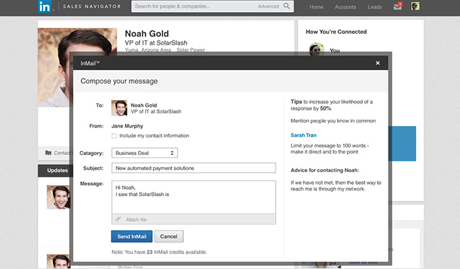 InMail sample from LinkedIn Sales blog. Generate Leads with LinkedIn