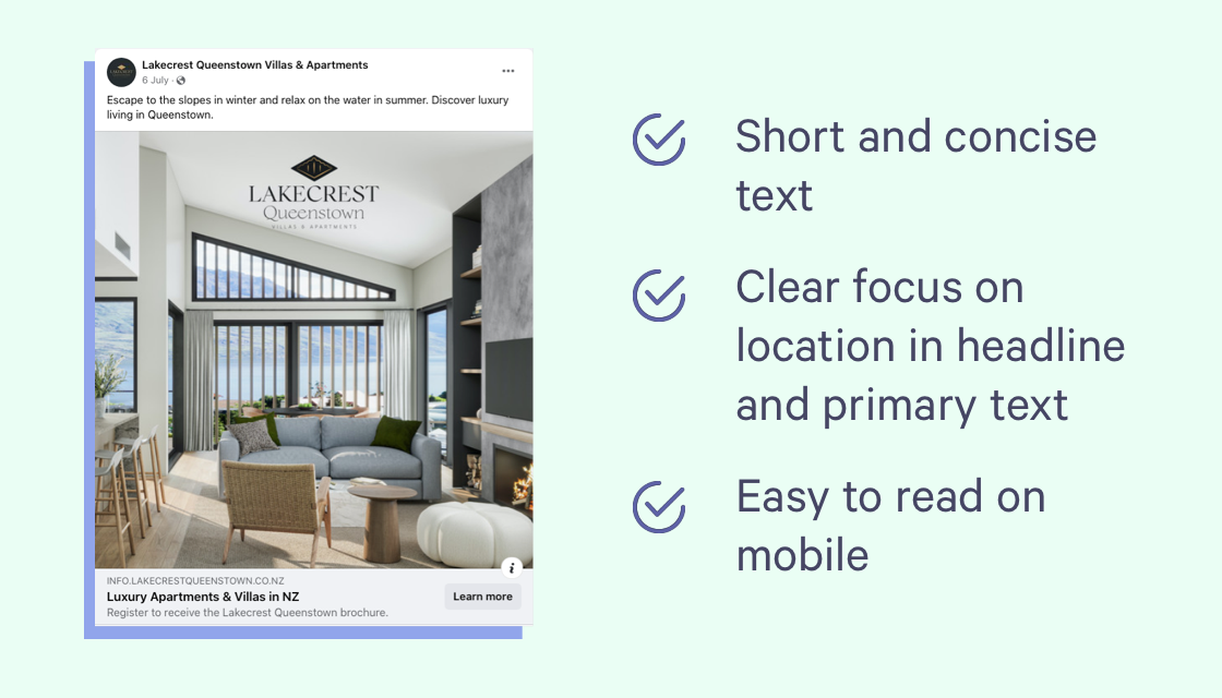 ✓ Short and concise text ✓ Clear focus on location in headline and primary text ✓ Easy to read on mobile